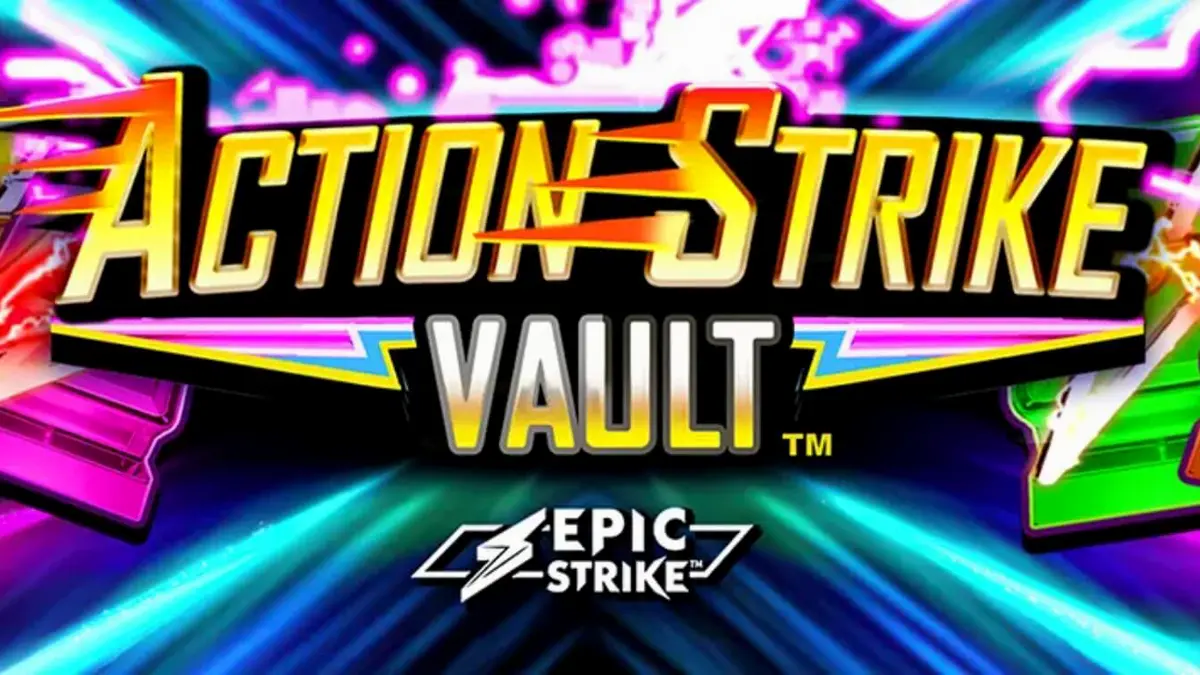 Interface do jogo Action Strike Vault com elementos cósmicos e luzes de cassino