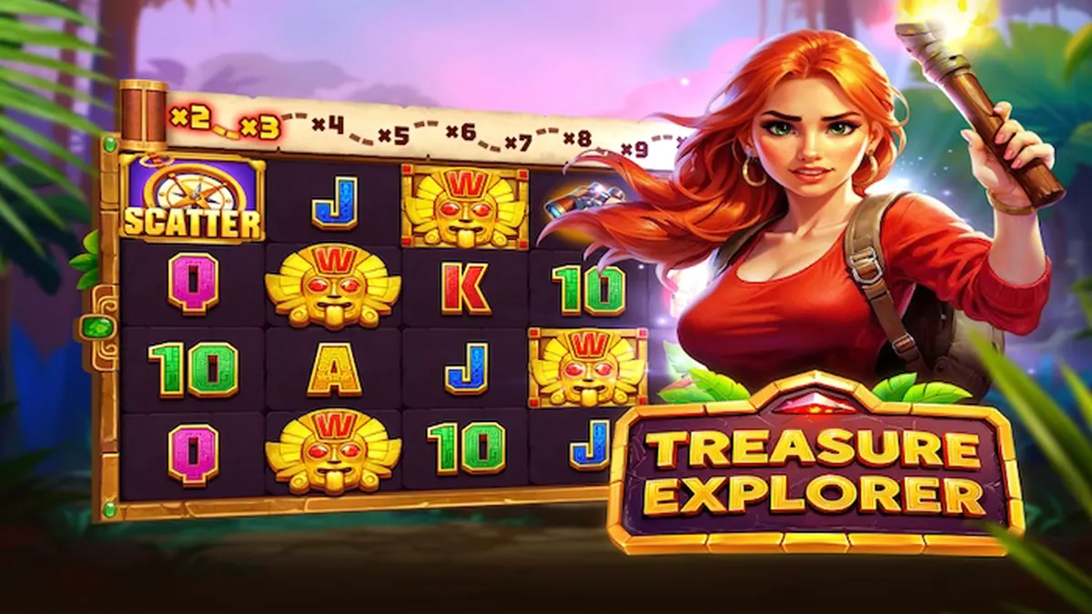 Interface do jogo de slot Treasure Explorer com tema de selva asteca
