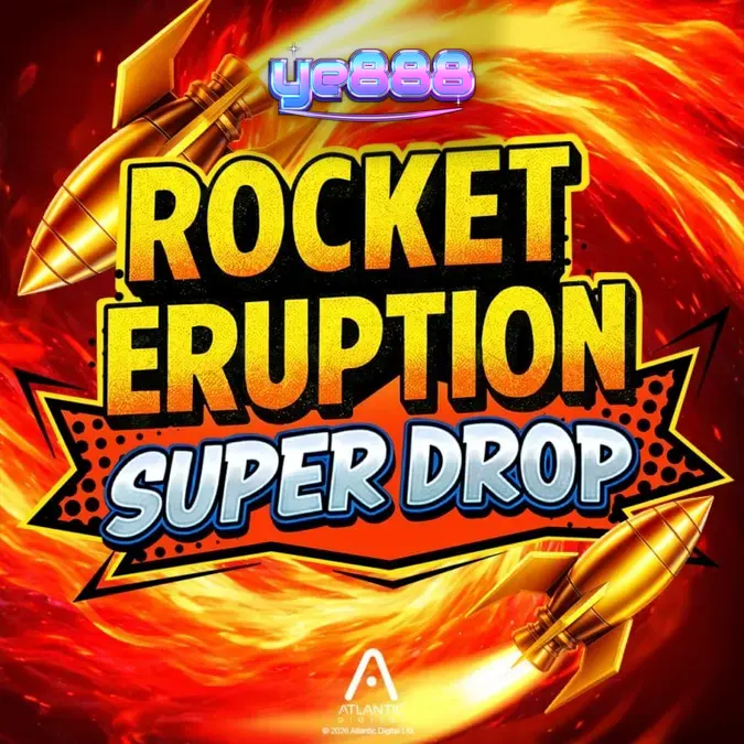 Interface do jogo Rocket Eruption Super Drop com temática de vulcão